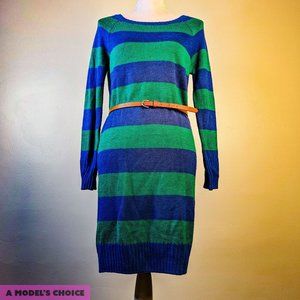 VINTAGE TOMMY GIRL HILFIGER BLUE + GREEN STRIPED SWEATER DRESS - WOMENS LARGE